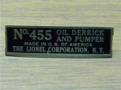 Lionel 455-52 Oil Derrick Nameplate