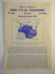Lionel ZW 275 Watt Transformer Original Instructions