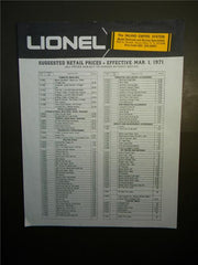 1971 LIONEL RETAIL PRICE LIST