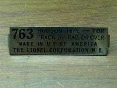 Lionel 763E-298 Hudson Ashpan Nameplate