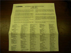 1986 LIONEL SERVICE STATION LIST ORIGINAL